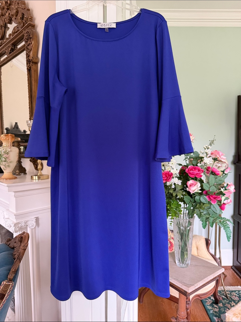 Kasper Cobalt Blue Bell-Sleeve Shift Dress, size XL